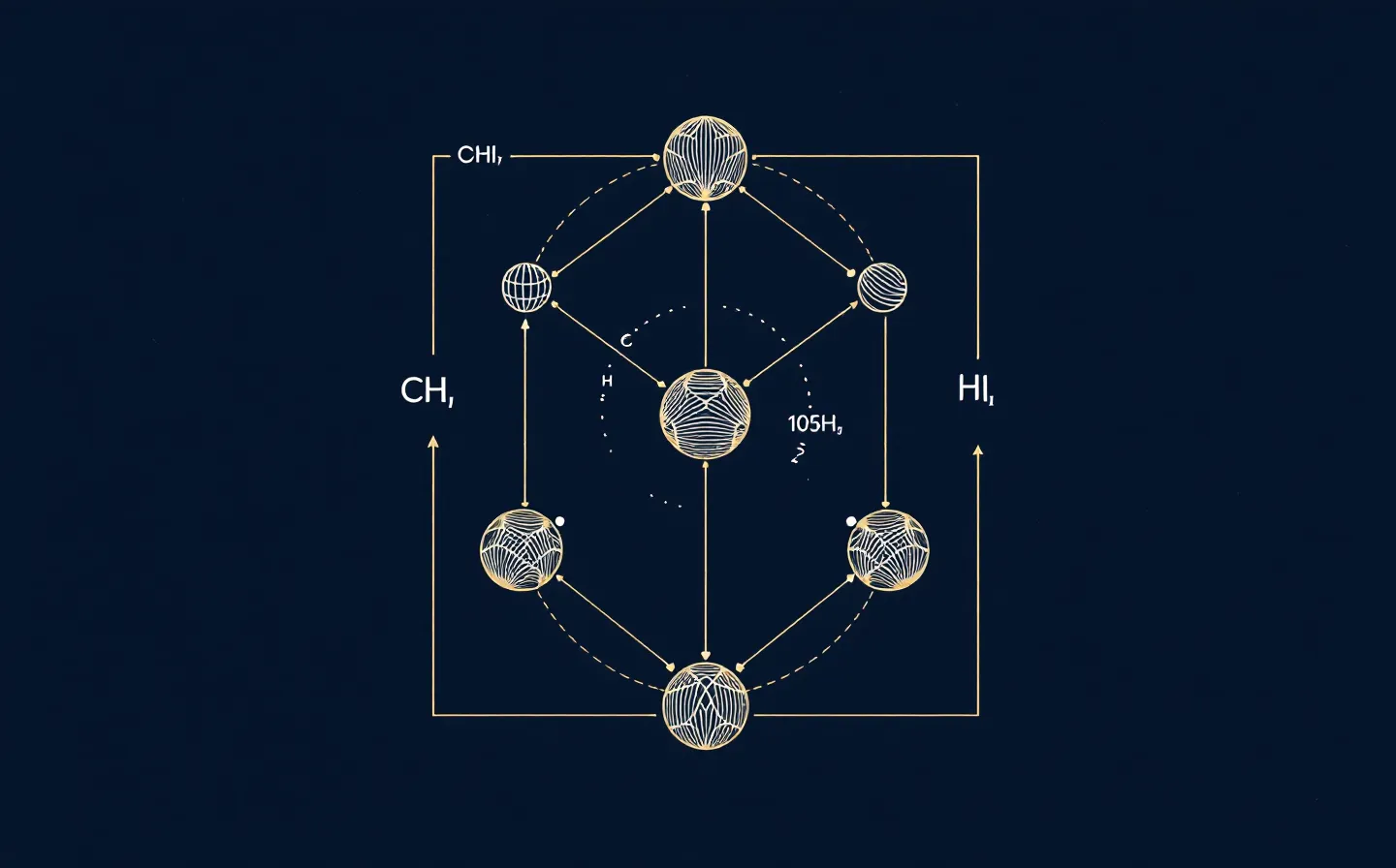 Flat gold-and-cool-white engraved schematic of a copper(II) coordination centre bonded to an abstract three-residue peptide chain on a deep navy ground
